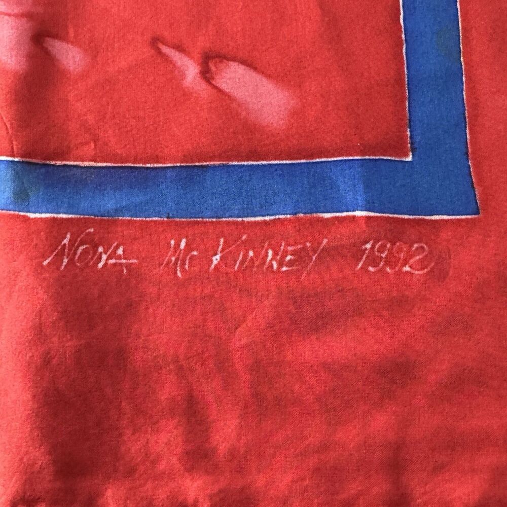 Nona McKinney Scarf 1992 34”x34” Square Two Sided Red With Yellow & Blue Floral - Picture 2 of 7